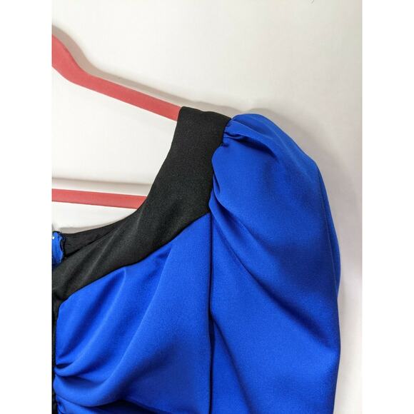 Vintage 80s Midnight Glo Dress Sz 6 Blue Black Hi-Puff Sleeve Party Cinch Waist - Picture 4 of 7